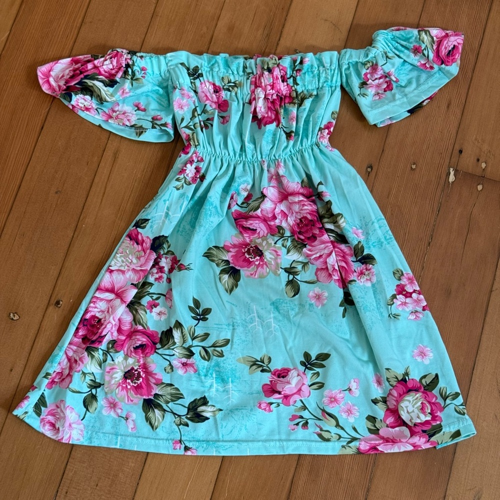 Kids Posh Peanuts Aqua and Pink Floral Off-Shoulder Dress - Picture 2 of 8